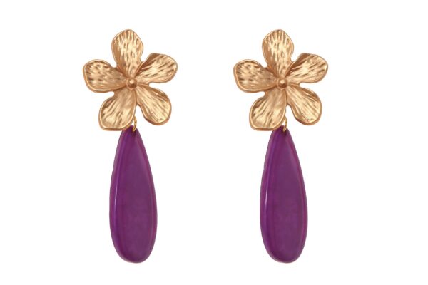 Pendiente de flamenca de lágrima plana de piedra cristal color morado con cabezal de flor