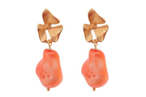 Pendiente de piedras nácar naranja con cabezal 3 hojas