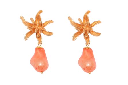Pendiente de piedras nácar naranja con cabezal flor - Imagen 1