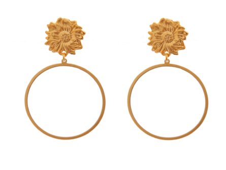 Pendientes dorado con girasoles y aro fino - Imagen 1