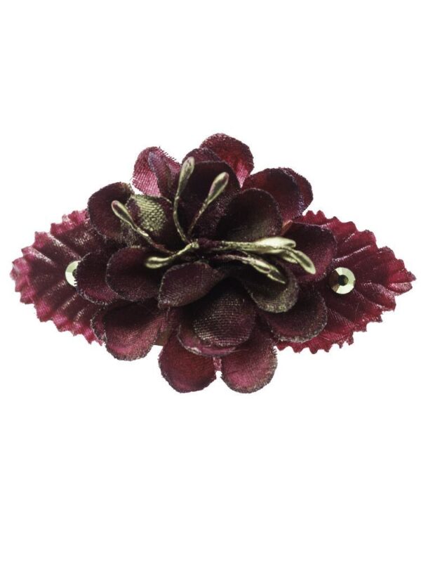 Broche de flamenca con flores de tela granate con reflejo dorado