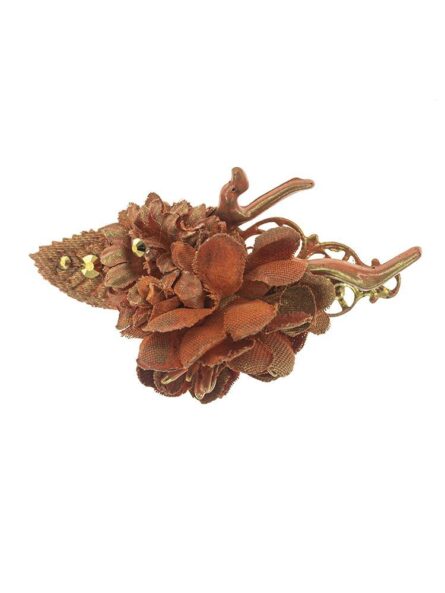 Broche de flamenca de flores de tela coral con reflejos oro   - Imagen 1