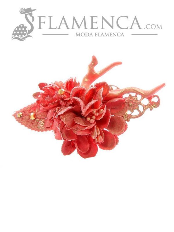 Broche de flamenca de flores de tela maquillaje con reflejos oro