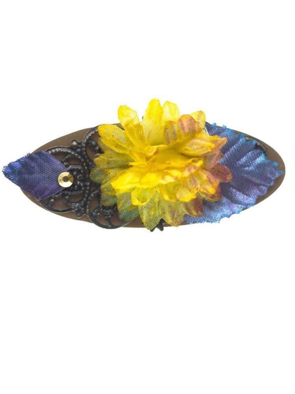 Broche de flamenca multicolor con flor de tela en tono mostaza
