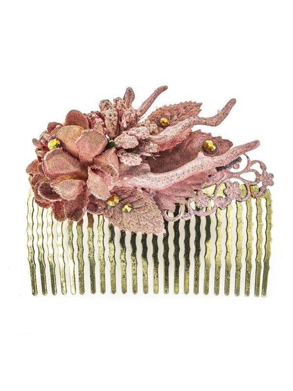 Peinecillo de flamenca con flores de tela rosa con reflejos dorado