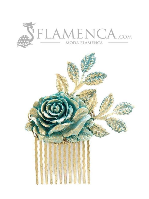 Peinecillo de flamenca de resina agua marina con reflejos oro