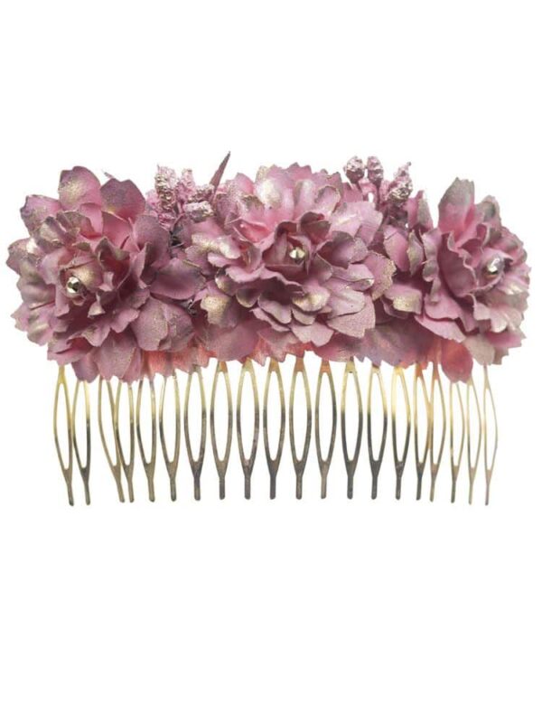 Peinecillo de flamenca grande con flores de tela rosa bebé con reflejo dorado