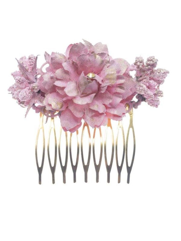 Peinecillo de flamenca mediano con flores de tela rosa bebé con reflejo dorado