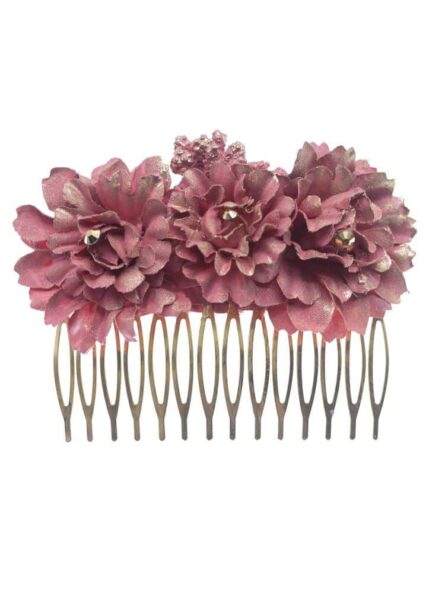 Peinecillo de flamenca mediano con flores de tela tono maquillaje con reflejo dorado - Imagen 2