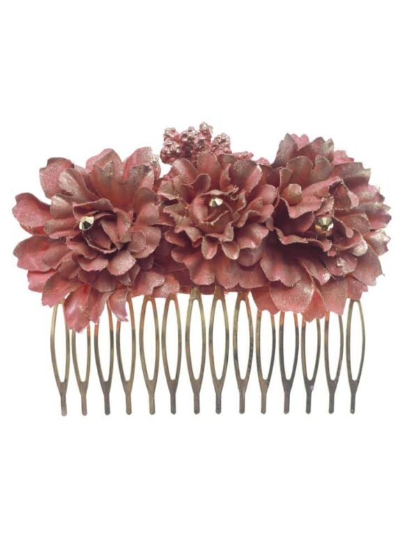 Peinecillo de flamenca mediano con flores de tela tono maquillaje con reflejo dorado