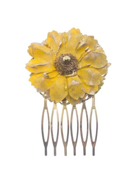Peinecillo de flamenca pequeño con flor de tela mostaza y reflejos dorado - Imagen 2