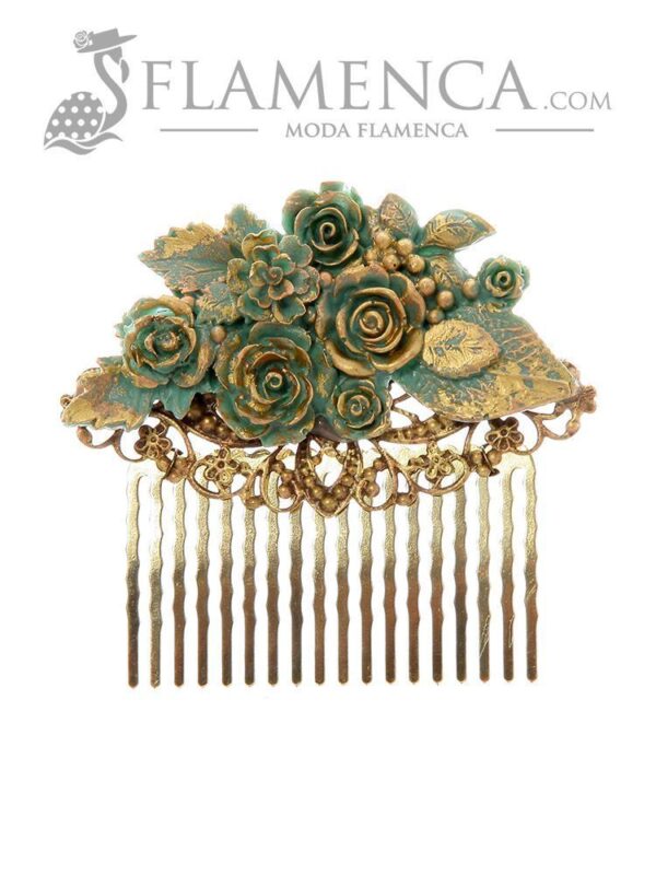 Peinecillo de flamenca verde agua con reflejos oro