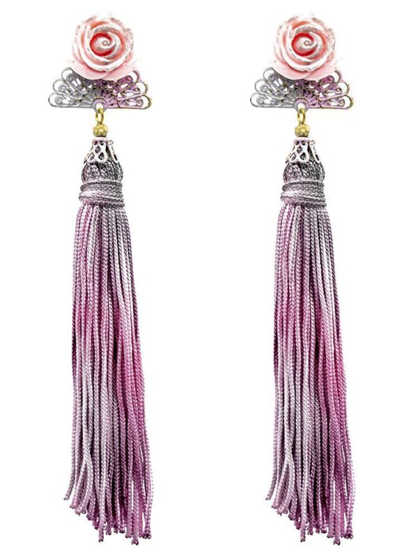 Pendiente de flamenca abanico tonos rosa, malva y plata
