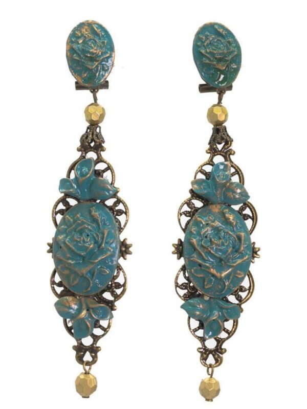 Pendiente de flamenca azul cyan con reflejos oro