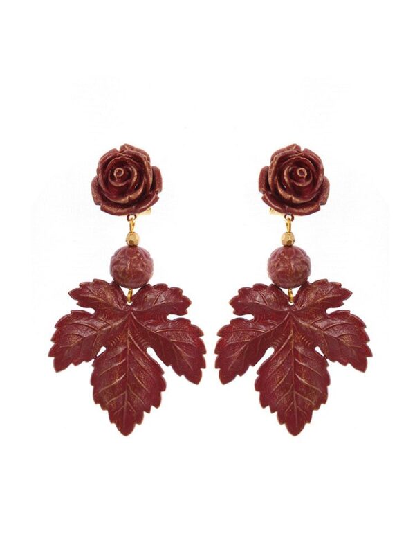 Pendiente de flamenca flor y hoja rojo con reflejos dorados