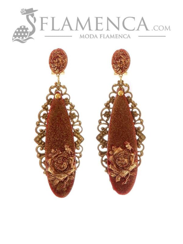 Pendiente de flamenca burdeos con reflejo oro