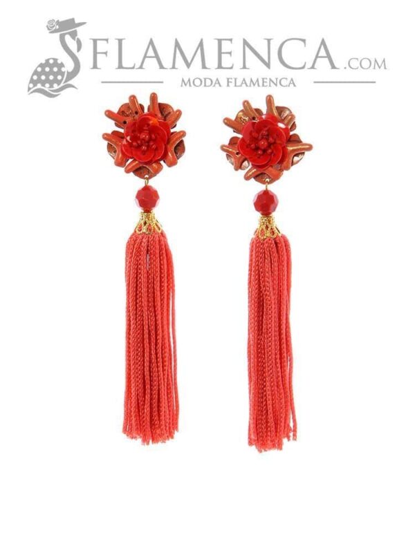Pendiente de flamenca de flecos coral