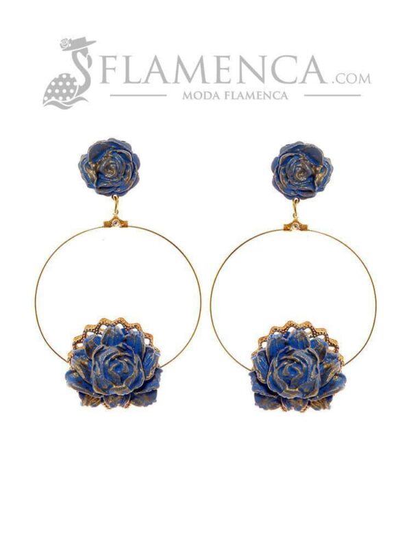 Pendiente de flamenca de flores porcelana azul ducado y reflejos oro