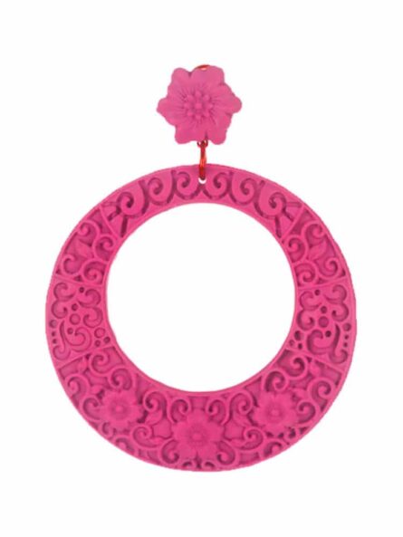 Pendiente de flamenca resina en forma de aro con filigrana rosa chicle - Imagen 2