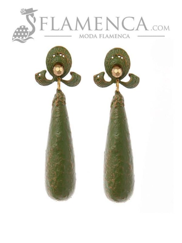 Pendiente de flamenca verde caki con reflejos oro                  