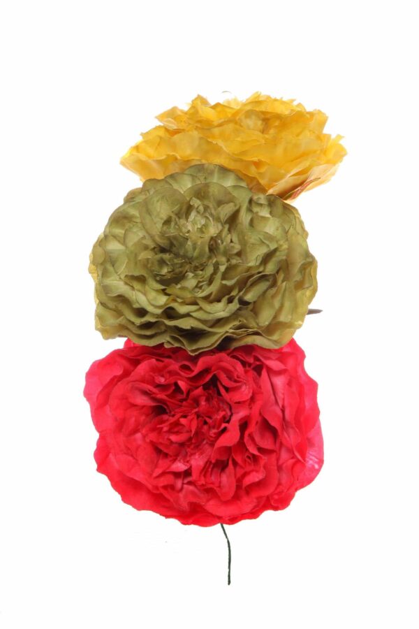 Ramillete de flamenca en tonos verdoso, albero y rojo oscuro