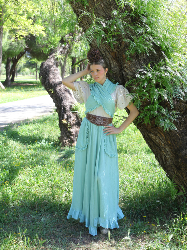 Conjunto de Falda y Piquillo Bambula Tira Bordada agua marina