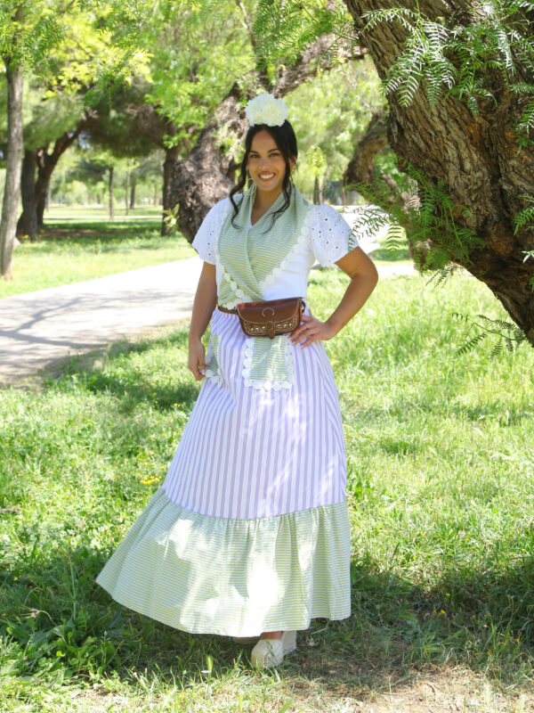 Conjunto de Falda y Piquillo estampado rayas malva y verde lima